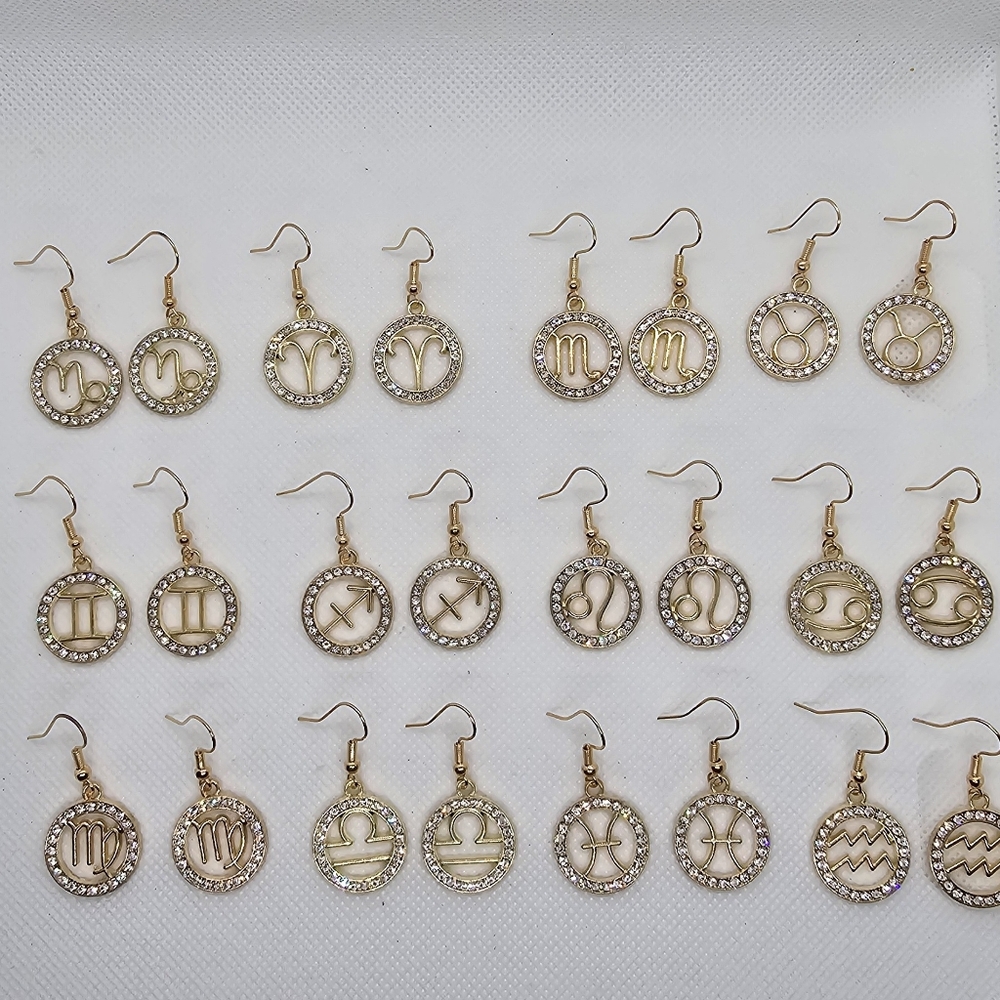 Zodiac Sign Hook Earrings! Hypo-Allergenic Handmade Gold Color with Cubic Zircon